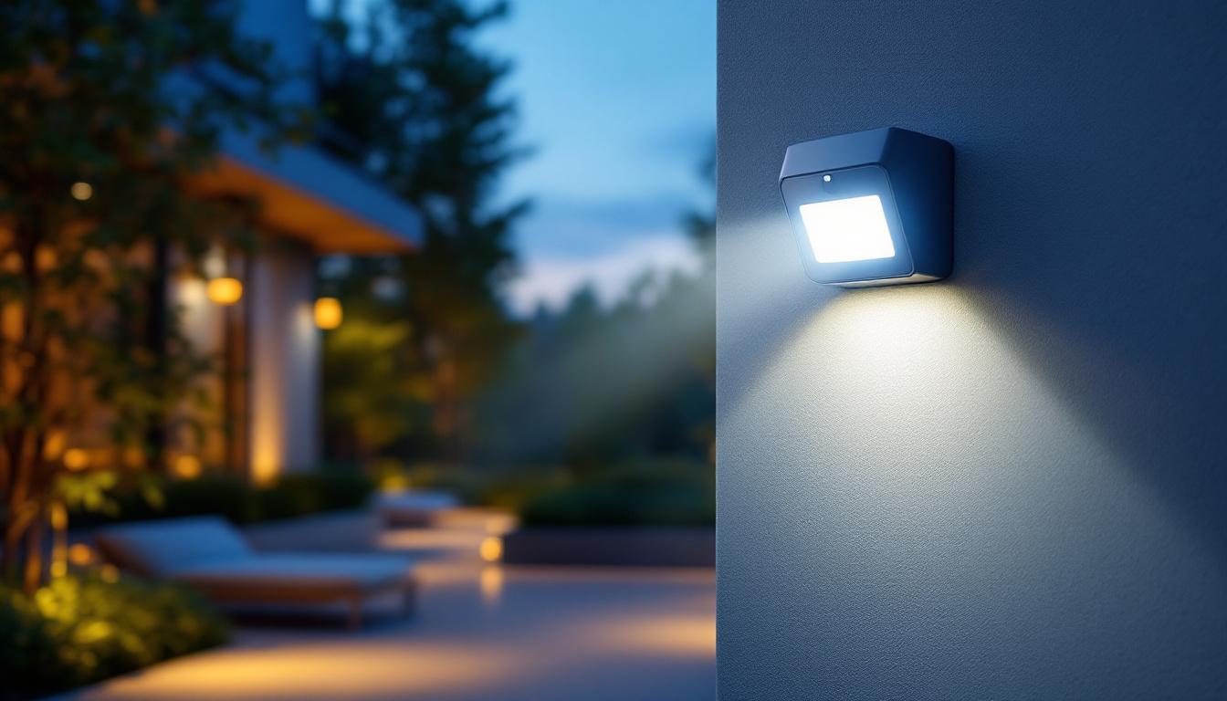 A photograph of a bright motion sensor light illuminating a beautifully designed outdoor space at dusk