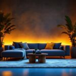 A photograph of a beautifully arranged scene showcasing vibrant led tape lights illuminating a stylish interior space