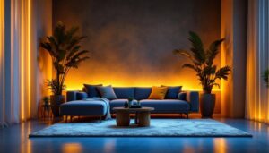A photograph of a beautifully arranged scene showcasing vibrant led tape lights illuminating a stylish interior space