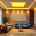 A photograph of a modern living space featuring square recessed lights