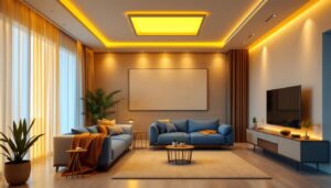 A photograph of a modern living space featuring square recessed lights