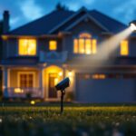 A photograph of a lighting contractor installing motion outdoor flood lights on a residential property during dusk
