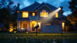 A photograph of a lighting contractor installing motion outdoor flood lights on a residential property during dusk