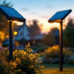 A photograph of a solar-powered led spotlight illuminating a beautifully landscaped outdoor space at dusk
