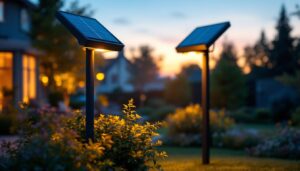 A photograph of a solar-powered led spotlight illuminating a beautifully landscaped outdoor space at dusk