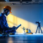 A photograph of a lighting contractor examining a well-lit space