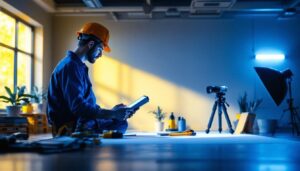 A photograph of a lighting contractor examining a well-lit space