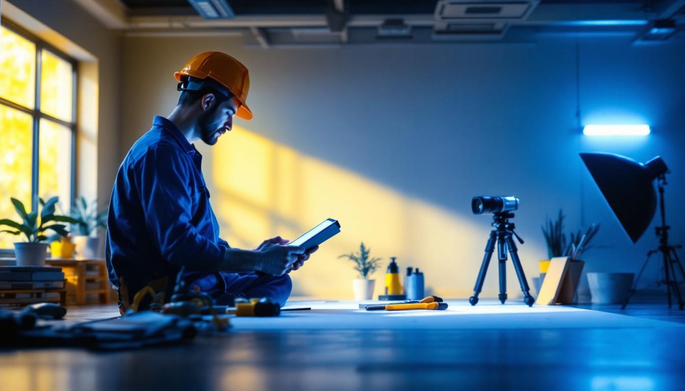 A photograph of a lighting contractor examining a well-lit space