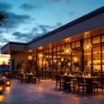 A photograph of a beautifully designed outdoor patio featuring stylish ceiling lighting fixtures