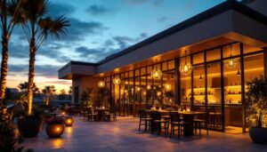 A photograph of a beautifully designed outdoor patio featuring stylish ceiling lighting fixtures