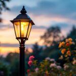 A photograph of a beautifully designed garden lamp post illuminated at dusk