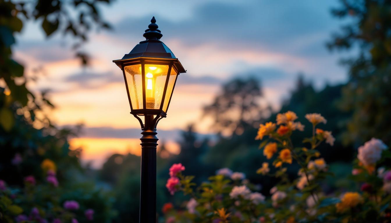 A photograph of a beautifully designed garden lamp post illuminated at dusk