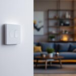 A photograph of a stylish living room or dining area showcasing the leviton smart dimmer switch in action