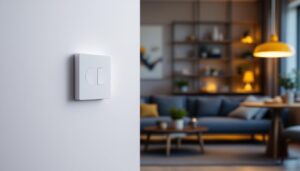 A photograph of a stylish living room or dining area showcasing the leviton smart dimmer switch in action