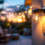 A photograph of a beautifully designed outdoor porch featuring a stylish light fixture with an integrated outlet