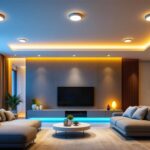 A photograph of a beautifully designed modern living space featuring various recessed lights in action
