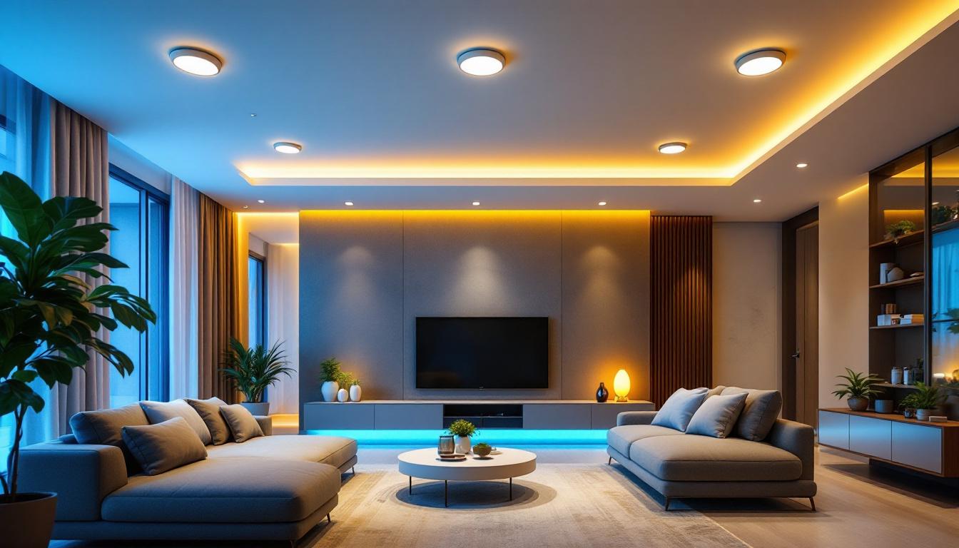 A photograph of a beautifully designed modern living space featuring various recessed lights in action