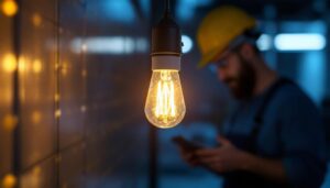 A photograph of a close-up of a 4-watt led bulb illuminated in a modern lighting installation
