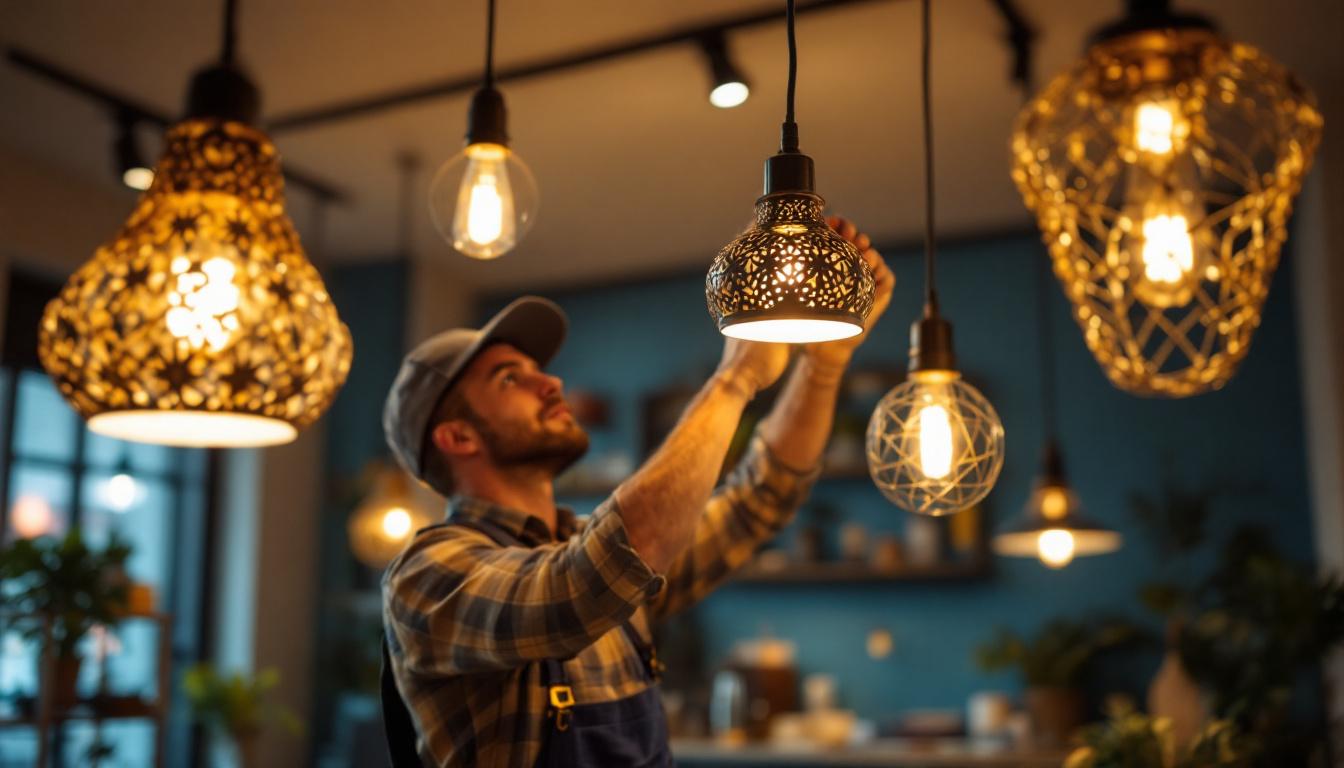 A photograph of a stylish and modern interior space featuring unique pendant lighting fixtures
