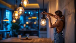 A photograph of a stylish indoor space featuring modern gas light fixtures
