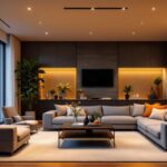 A photograph of a lighting contractor installing shallow recessed lighting in a modern home setting