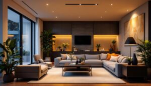 A photograph of a lighting contractor installing shallow recessed lighting in a modern home setting