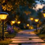 A photograph of a beautifully arranged outdoor scene featuring solar-powered stick lights illuminating a garden pathway at dusk