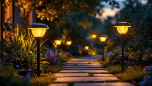 A photograph of a beautifully arranged outdoor scene featuring solar-powered stick lights illuminating a garden pathway at dusk