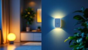 A photograph of a modern smart wall outlet in a stylishly designed room