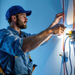 A photograph of a skilled lighting contractor demonstrating the installation of a three-way light switch in a well-lit room