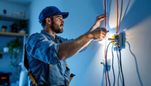 A photograph of a skilled lighting contractor demonstrating the installation of a three-way light switch in a well-lit room