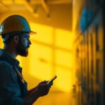 A photograph of a lighting contractor inspecting a well-lit space