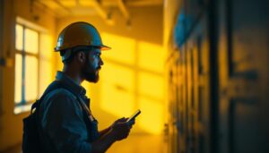 A photograph of a lighting contractor inspecting a well-lit space