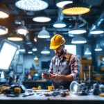 A photograph of a lighting contractor examining various led light fixtures in a well-lit workspace