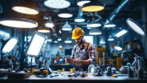 A photograph of a lighting contractor examining various led light fixtures in a well-lit workspace