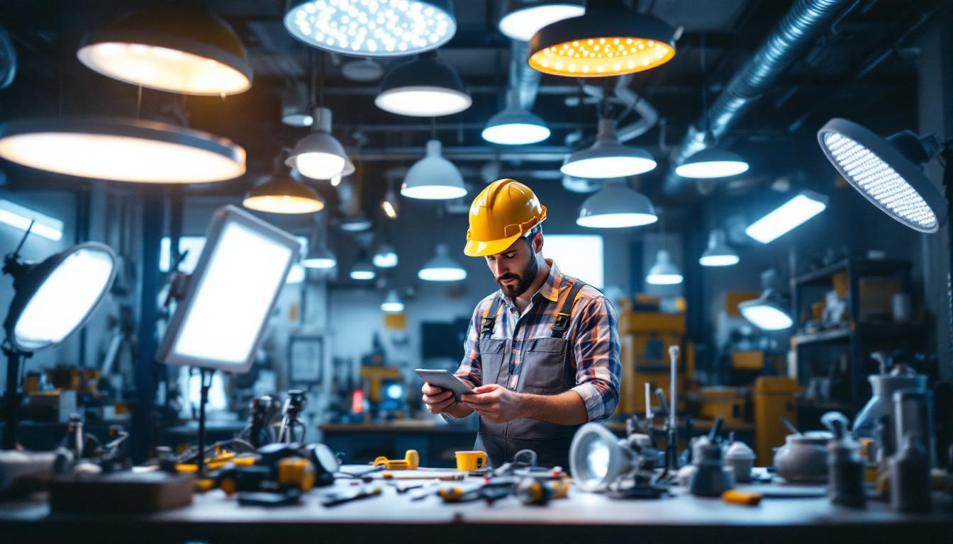 A photograph of a lighting contractor examining various led light fixtures in a well-lit workspace
