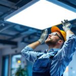 A photograph of a lighting contractor expertly installing or adjusting a sleek led panel in a modern commercial space