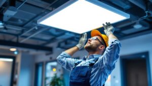 A photograph of a lighting contractor expertly installing or adjusting a sleek led panel in a modern commercial space