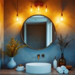 A photograph of a stylish and unique vanity light fixture in a beautifully designed bathroom setting