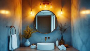 A photograph of a stylish and unique vanity light fixture in a beautifully designed bathroom setting