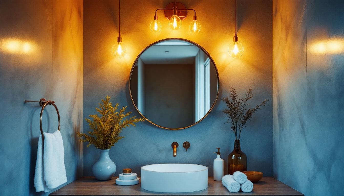 A photograph of a stylish and unique vanity light fixture in a beautifully designed bathroom setting