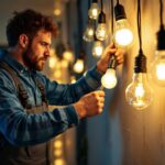 A photograph of a lighting contractor expertly installing a variety of modern light bulbs in a well-lit residential setting