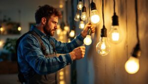 A photograph of a lighting contractor expertly installing a variety of modern light bulbs in a well-lit residential setting