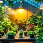 A photograph of a well-lit greenhouse interior showcasing various types of plants under different lighting setups