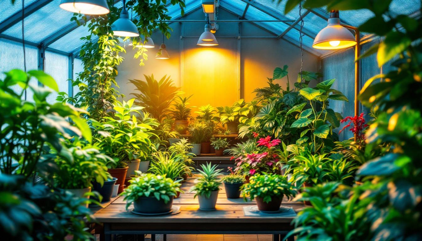 A photograph of a well-lit greenhouse interior showcasing various types of plants under different lighting setups
