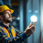 A photograph of a lighting contractor installing or inspecting a 150-watt led light bulb in a commercial setting