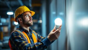 A photograph of a lighting contractor installing or inspecting a 150-watt led light bulb in a commercial setting