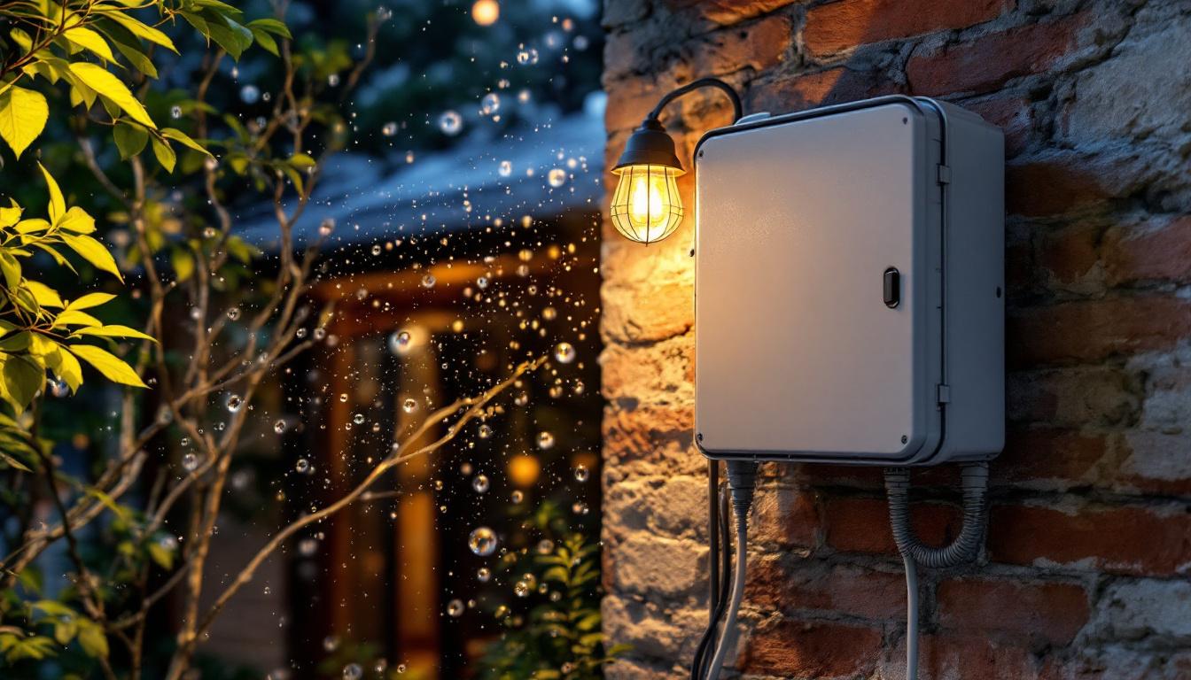 A photograph of a weatherproof extension box installed in an outdoor setting
