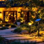 A photograph of a beautifully illuminated outdoor space featuring solar lights strategically placed among lush landscaping