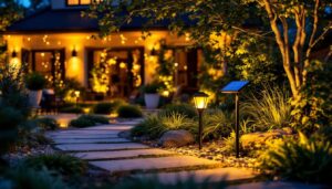A photograph of a beautifully illuminated outdoor space featuring solar lights strategically placed among lush landscaping